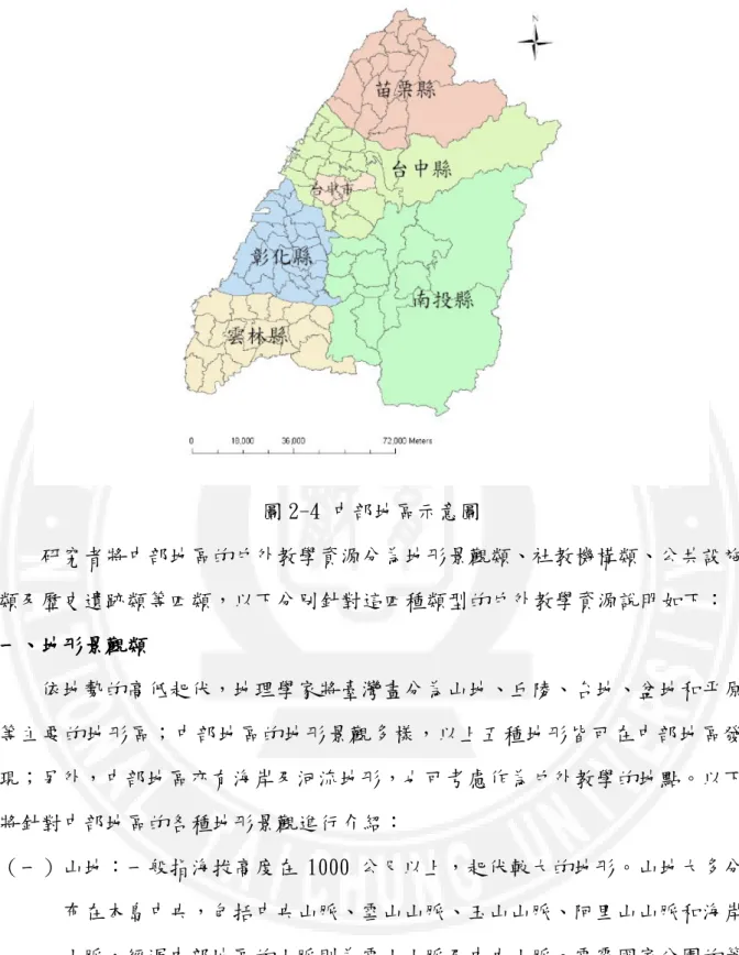 圖 2-4 中部地區示意圖  研究者將中部地區的戶外教學資源分為地形景觀類、社教機構類、公共設施 類及歷史遺跡類等四類，以下分別針對這四種類型的戶外教學資源說明如下：  一 一 一 一、、、 、地形景觀類地形景觀類 地形景觀類 地形景觀類       依地勢的高低起伏，地理學家將臺灣畫分為山地、丘陵、台地、盆地和平原 等主要的地形區；中部地區的地形景觀多樣，以上五種地形皆可在中部地區發 現；另外，中部地區亦有海岸及河流地形，也可考慮作為戶外教學的地點。以下 將針對中部地區的各種地形景觀進行介紹：  （一）山