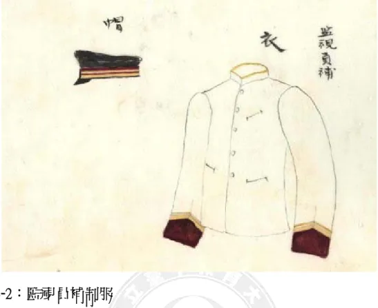 圖  3‑2：監視員補制服  資料來源：臺灣總督府公文類纂數位化檔案，台灣總督府專賣局食鹽監視員 及監視員補服制（訓令第四三七號），580-25，頁 13。  專賣局各支局對於私鹽的取締主要分為兩種，分別是鹽田及所在 地取締與一般取締 182 ，其中對於鹽田及其所在地的取締只限於轄區內 有鹽田的支局及出張所。鹽田及所在地取締顧名思義，是針對鹽田及 鹽田所在地附近可能發生的食鹽漏私、盜竊、私賣、不法取得以及天 然結晶鹽撿拾等違反食鹽專賣規則的行為所進行的取締。鹽田所在地 的取締主要針對三方面，首先是針對鹽田部