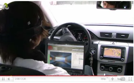 圖 2.1-6  腦波駕駛汽車 (資料來源： http://www.youtube.com/watch?v=iDV_62QoHjY&amp;feature=player_embedded )          日本 Neurowear 公司則於 2011 年推出腦波貓耳，將大腦人機介面技術運用 到娛樂型裝飾產品，使用者可以用意念來控制貓耳朵設備，貓耳便會隨著人的情 緒豎起或垂下，如圖 2.1-7 所示。此外，大腦人機介面尚有許多應用，如智慧型 機器人、及科技輔助電子產品等。  圖 2.1-7  腦波貓耳設備