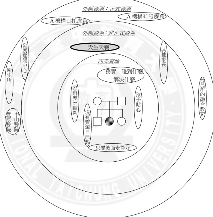 圖 4-3.阿寶家庭資源使用示意圖  外部資源：正式資源  外部資源：非正式資源 內部資源 A 機構日托療育 忍耐度比較夠沒有資源自己教 務實，碰到什麼解決什麼 孩子貼心 其他家長A 機構時段療育 中山醫院、豐原醫院發展遲緩中心衛生所只要後面走得好 天生天養  托兒所的融合教育