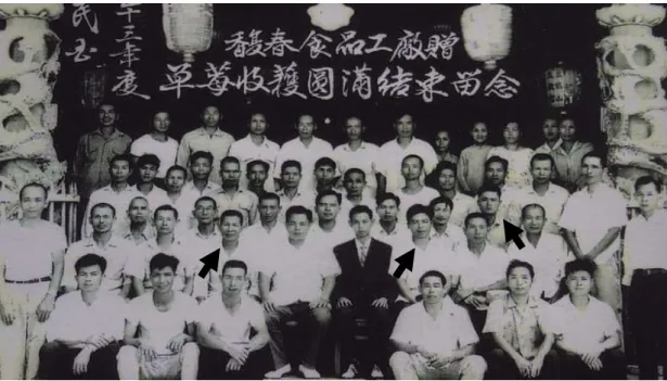 圖 3-1  民 53(1964)契作莓農與馥春食品工廠負責人留影。  資料來源：《大湖傳真-1895~1980 大湖老照片專輯》，2004。箭頭指處三人，由左而右分別為陳 世源、吳士金、賴雲添(大湖地區首先引進草莓者三人)。  表 3-2  1958 至 2007 苗栗大湖地區草莓栽培面積  年        1958 1977 1982 1986 1997 1998 1999 2000 2001 2002 2003 2004 2005 2006 2007 面積 0.4  50  125 130 305 