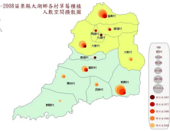圖 3-10  1958~2008 苗栗縣大湖鄉各村草莓種植人數空間擴散圖。                            資料來源：根據表 3-7 所繪製。  據研究者實查與問卷之資料分析，發覺大多數農戶住址雖為大湖村， 但農田所在地皆大多位於大寮或是富興兩村，那是因為大湖村的行政區位 於後龍溪河階平原的「坎上」 ，是較為安全的住宅地區，自大湖地區開墾 以來就是整個後龍溪河階平原農戶(現今行政區域富興、大寮、靜湖三村) 的主要住宅分布地。  相較之下，南湖村則是以淋灕坪灌溉區的義和、栗林、武榮三村