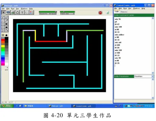 圖 4-20  單 元 三 學 生 作 品   由 學 生 作 品 與 執 行 結 果 可 知 ， 透 過 單 元 三 的 學 習 ， 學 生 已 能 利 用 單 元 二 所 學 的 指 令 再 加 上 本 單 元 的 『 SETC N』， 讓圖 龜走 出迷宮 。本 單元 共 20 名學生 完成 指 定作業，完成 率為 60.6%，顯 示此 單元 難度更 為增 加， 部 分 學 生 已 無 法 完 成 作 業 。   肆 肆 肆 肆 、 、、 、 單元 四單元 四 單元 四 課 程單元 四課 程課 程 課 