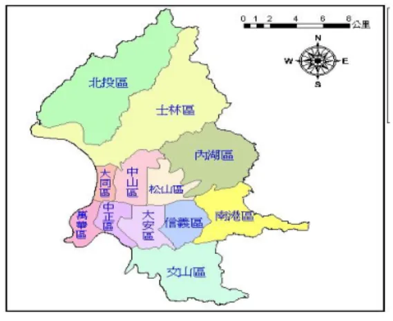 圖 2-5-1 台北市行政區域圖  資料來源：行政院環保署(2007)  台北市由於地處台北盆地且高樓林立，加上城市居民交通工具的使用習慣仍 以汽機車用量最大，每逢氣候不佳，水平風速太低，加上時有逆溫層產生，使空 氣污染物不易擴散，局部污染濃度有偏高現象，根據環保署空氣品質報告指出北 部地區臭氧濃度屬於危險級，較高屏地區臭氧濃度高出六至七倍。對於台北市居 民當地的生活環境有相當程度的影響(行政院環保署，2007)。  臺北市歷年溫室氣體排放量呈現穩定成長(見圖 2-5-2)，其中，住商部門、運 輸部門及廢棄