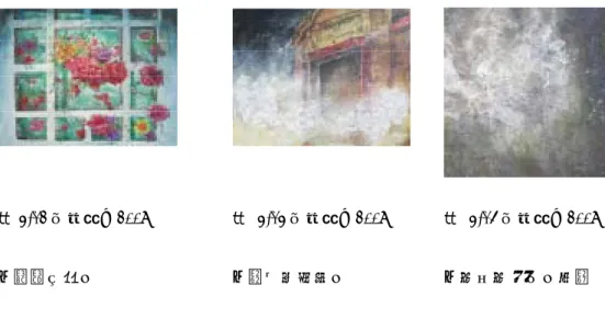 圖 3-12 朱婉菁，2008  ＜燦爛如夢＞  圖 3-13 朱婉菁，2008 ＜逝去的家門＞  圖 3-14 朱婉菁，2008 ＜花生花滅一＞局部  綜合超現實主義的表現創作動機可以大致分為：人工的故事、混亂的創造、 衝動、夢境，創作的形式特徵：有機的抽象、複像（double image）、幻想的透視、 非生物的生物化等 89 ，  綜合上述所有造型的繪畫，運用在筆者的牡丹創作上，筆 者主要運用單純構成的幻象、幻想的透視、夢境的手法來詮釋牡丹與舊宅宇結合， 因此畫面上看到的全都是不合理的空間，也可以說是