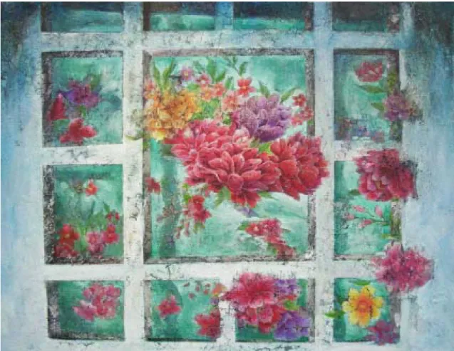 圖 5-1 守護系列作品一：＜燦爛如夢＞，2008，膠彩紙本， 91.0×116.8cm 