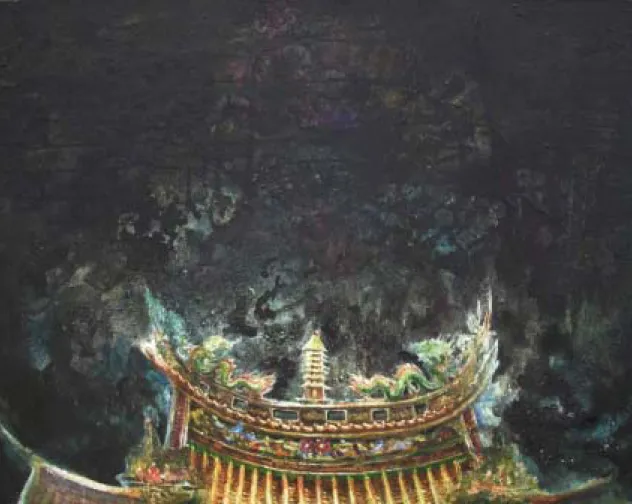 圖 5-2 守護系列作品二：＜柔性力量＞，2008，膠彩紙本，91.0× 116.8cm 