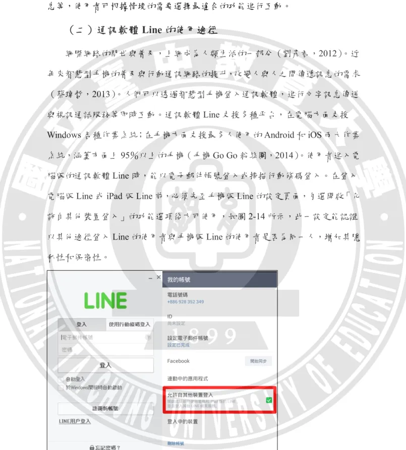 圖 2-14  電腦版 Line 頁面與手機版 Line「允許自其他裝置登入」設定 
