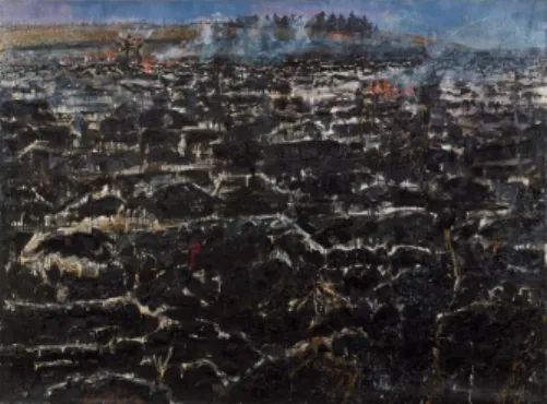 圖  5《金龜子飛翔》(Cokafer Fly)，安賽姆‧基弗，粗麻布、油彩，1974，220cmx300cm。  (圖片來源：  http：//www.saatchigallery.com/aipe/anselm_kiefer.htm，檢索日期：2015/10/11)  1937─1974 年左右基弗把創作方向從神話到德國歷史世界，在《金龜子飛翔》(圖 5)作品裡，場景被拉到寬廣的戶外，畫面中呈現的大地像是焚燒過後焦土，天地昏暗， 地平線高於人的視線，讓畫面有種無所遁形的壓迫感，僅留下最上方天空。誠如羅森
