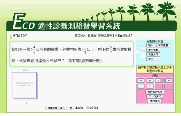 圖 3-4-1  「分數的乘法」單元試題介面  壹、工具說明 I：分數顯示狀態  ：點選後輸入的分數則會顯示在左側記錄欄內。  ：左側記錄欄若無顯示輸入的值，可點選算式重整，可將記錄欄顯 示更新。  ：將輸入的整數清除。  ：將輸入的分母清除。  ：將輸入的分子清除。  貳、工具說明 II：符號區  ：輸入後在左側記錄欄內顯示運算符號。  ：輸入後在左側記錄欄內顯示左括號、右括號。 