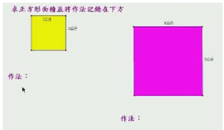 圖 4-21  GSP 情 境 中 ， 正 方 形 邊 長 求 面 積 圖   G2303  師 ： 再 換 一 題 ！   G2304  生 ：（ 在 黃 色 圖 下 方 打 上 3×3＝ 9， 在 粉 紅 色 圖 形 下 方 打 上 6×6 ＝ 36）   G2305  師 ： 你 怎 麼 知 道 的 ， 說 說 看 ！   G2306  生 ： 邊 長 乘 邊 長 ， 這 個 也 是 邊 長 乘 邊 長 ！   G2307  師 ： 邊 長 乘 邊 長 ， 這 個 是 這 個 邊 長 （ 黃 色 圖 