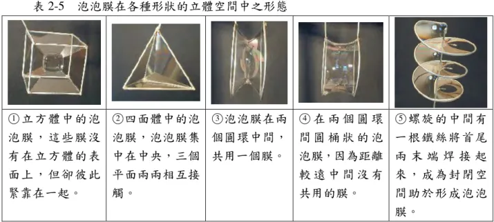 表 2-5    泡泡膜在各種形狀的立體空間中之形態  ○1 立方體中的泡 泡膜 ，這些膜沒 有在 立方體的表 面上，但卻彼此 緊靠在一起。  ○2 四面體中的泡泡膜，泡泡膜集中在中央，三個平面兩兩相互接觸。  ○3 泡泡膜在兩個圓環中間，共用一個膜。 ○4 在 兩 個 圓 環間 圓 桶 狀 的 泡泡膜，因為距離較遠 中 間 沒 有共用的膜。  ○5 螺旋 的中 間有 一根鐵絲將首尾兩 末 端 焊 接 起來，成為封閉空間助於形成泡泡 膜。  資料來源：譯自 Carboni（2002）  自然界中有許多生物的
