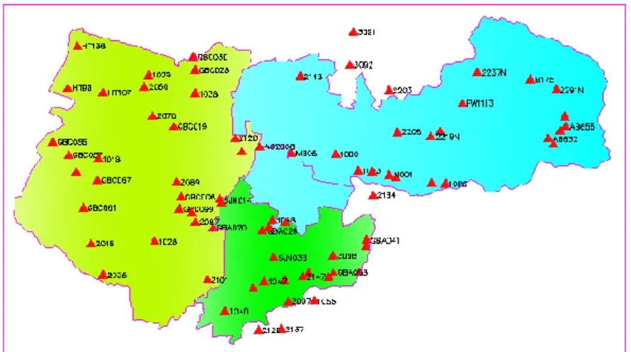 Figure 1: Distribution of 78 GPS/leveling stations in test area (triangles represent stations where 