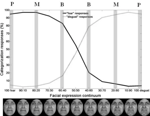 Figure  1.  An  example  of  the  categorization  data.  The  data  were  taken  from  one  of  fear-disgust  continua from a single participant