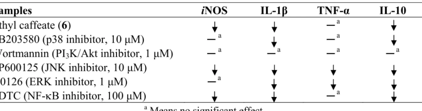Table 2. Effects of compound 6 and five different blockers on LPS-induced iNOS, IL-1β,  TNF-α, IL-10 mRNA expression in RAW264.7 cells