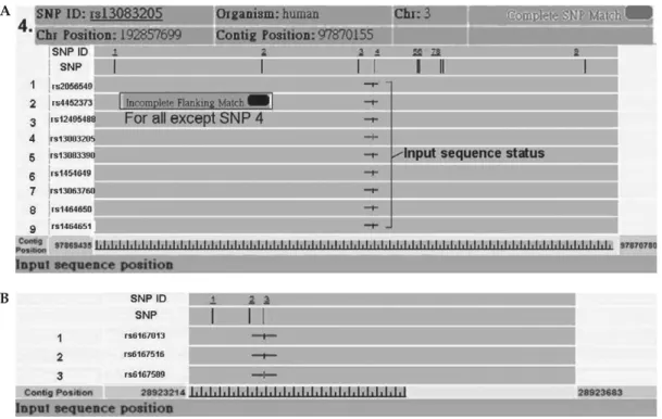 Figure 2.  The visual output of our system can correctly match single nucleotide polymorphisms (SNP), for example: (A) rs13083205; and (B) rs6167569