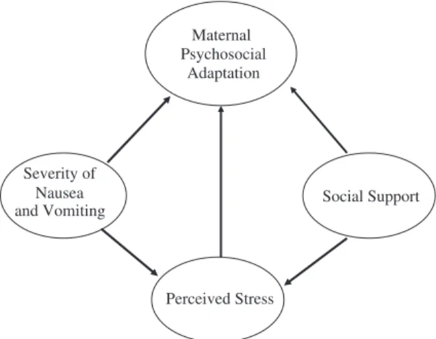 Fig. 1. A theoretical model of the relationships among nausea and vomiting, perceived stress, social support, and maternal psychosocial adaptation.
