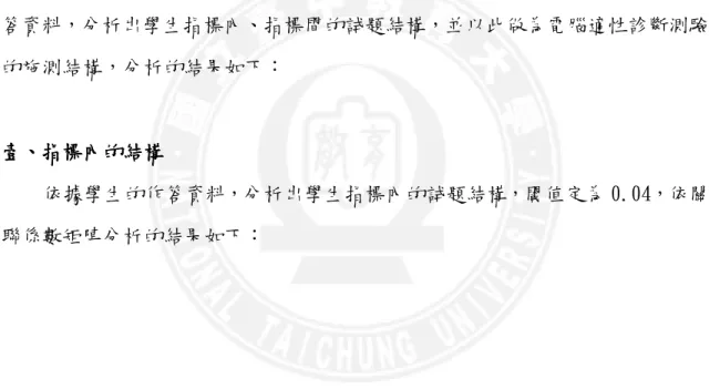 表 4-2 分數、小數相關議題（含數線與比率問題）與時間計算能力指標學習成效  能力指標  5-n-08  5-n-09  5-n-10  5-n-11  5-n-12  5-n-13  通過率  77.78％  52.94％  32.06％  57.52％  63.07％  51.31％  由表 4-2 得知，學生在能力指標 5-n-08、5-n-12 通過率超過 60%，其它的 5-n-09 、 5-n-10、5-n-11 及 5-n-13 未達到 60%  第第第 第二二 二節二節節 節       