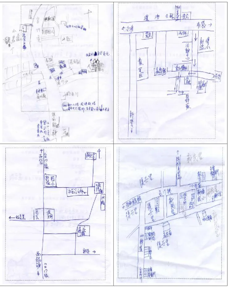圖 3-22：案例 9、25、36、95 所繪製之「村落意象圖」 （由上而下、左而右） 