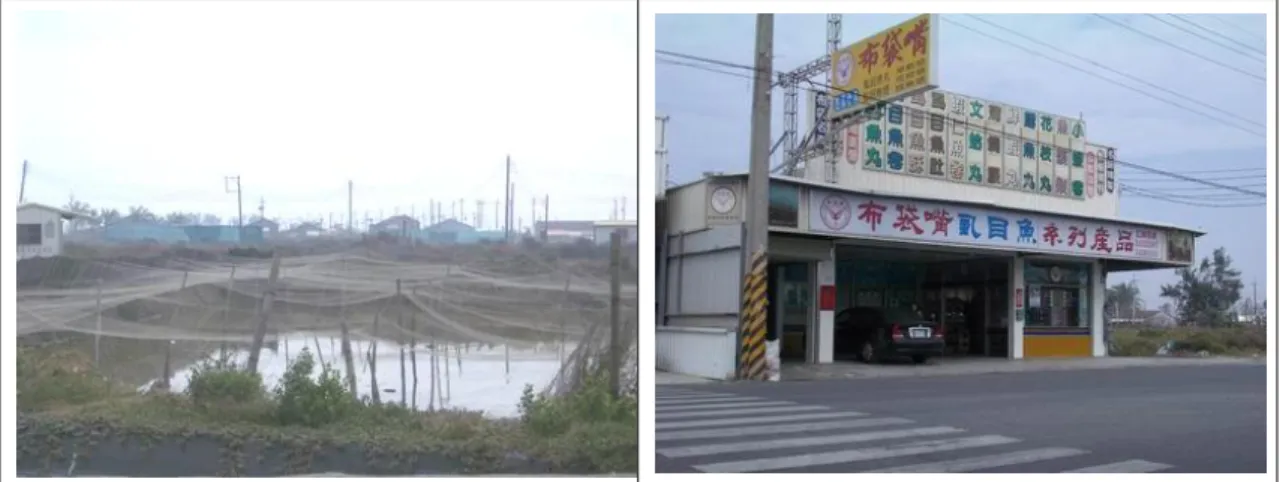 圖 3-9：漁塭與魚產加工廠  資料來源：研究者拍攝（2006.03.18）  （二）開放性問卷「問題二」中（2-2）題：  在開放性問卷「問題二」中之（2-2）題，要求受測者回答： 在新塭哪些 地方或事件是你最熟悉且印象深刻，值得告訴朋友？這一題主要的目的在讓受 測者從對村落的整體意象中寫出他認為具代表性的地方或事件，經針對受測者 所回答的內容進行整理與分析，統計出 27 項主要的地方或事件（如圖 3-10）， 並從其中得到居民認為對村落重要的地方或事件出現頻率較高百分比 9 種深刻 意象元素，依出現頻率