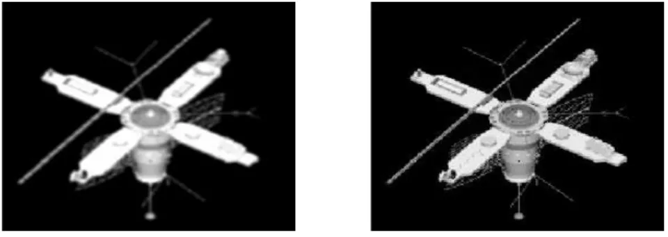 Fig. 4.5. Blurred (left) and restored (right) images of Model I and blur operator (2), α = 1.0 ∗ 10 −10 , SN R = 0 and SBR = 27.01%.