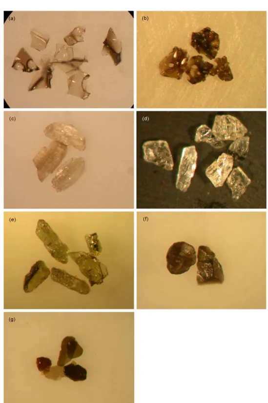 Figure 5. Images of (a – c) glass particles and (d – g) minerals under a microscope. Grain size is in the range of 125 –