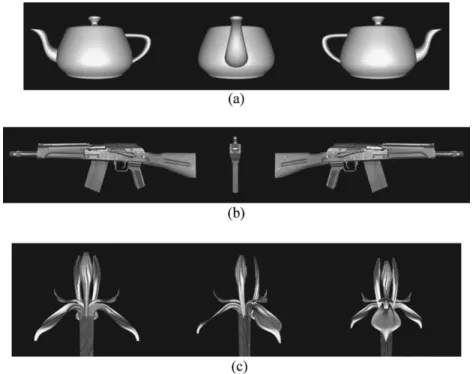 Fig. 15. Three typical samples of the 36 input images corresponding to the turntable rotation angles of 0°, 90°, and 180° for (a) a teapot, (b) a riﬂe, and (c) a ﬂower.