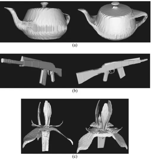Fig. 16. Two views generated from the reconstructed triangular mesh models obtained for: (a) the teapot using the ð25  16; 2Þ setting, (b) the riﬂe using the ð100  8; 2Þ setting, and (c) the ﬂower using the ð30  30; 2Þ setting.