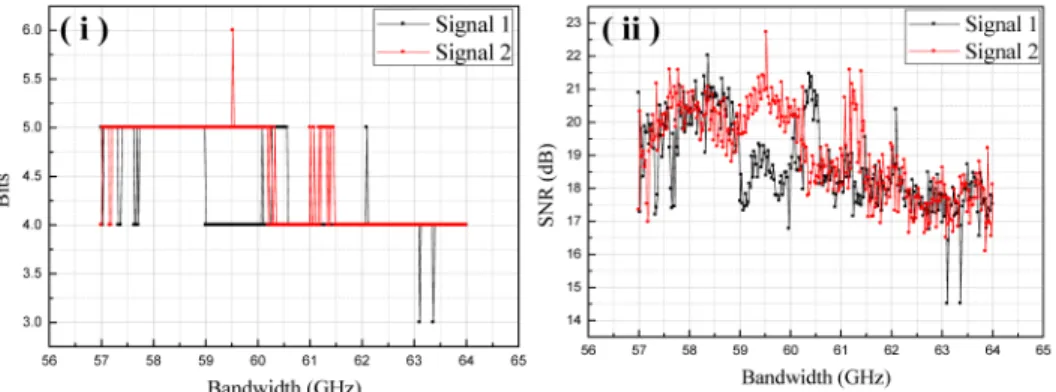 Fig. 6. Results of bit-loading with 7-GHz bandwidth OFDM signals for 61.5Gbits/s  transmission over 25-km SMF including (a) bit formats and (b) SNRs