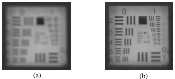 Fig. 7. Images taken by a CMOS camera module with proposed LC lens under the  applied voltage (a) V h  = 0 V; (b) V h  = 30 V