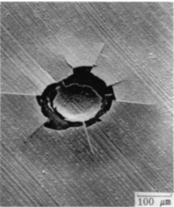 FIG. 3. SEM micrographs showing a typical lateral crack pattern for a 60 Kgf load for diamond-coated cemented carbides with SP2 pretreatment (diamond deposited at 880 °C for 2 h).
