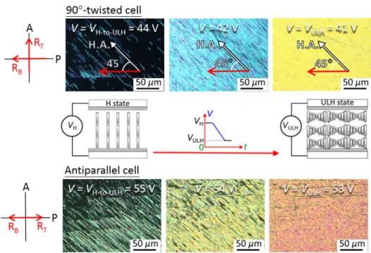 FIG. 1. Voltage-induced textural changes of a 90 ◦ -twisted cell and an antiparallel cell (p = 295 nm) in a voltage-descending