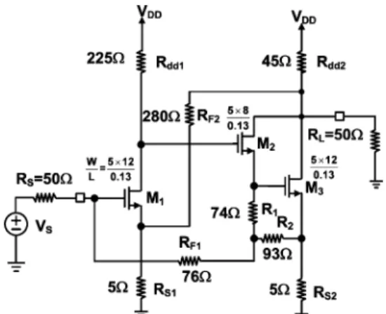 Fig. 9. Demonstrated 0.13- m CMOS Meyer wideband amplifier with its component values.