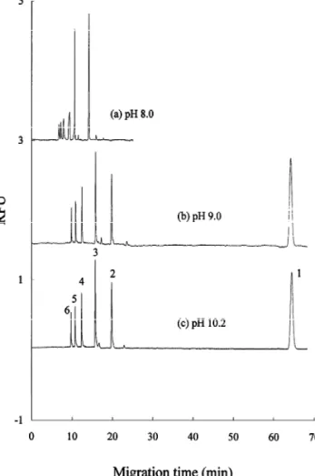Fig. 3. Separation of APTS-derivatized chitin oligosaccharides using (a) pH 2.6, (b) pH 3.6, and (c) pH 4.6 citric acid–phosphate