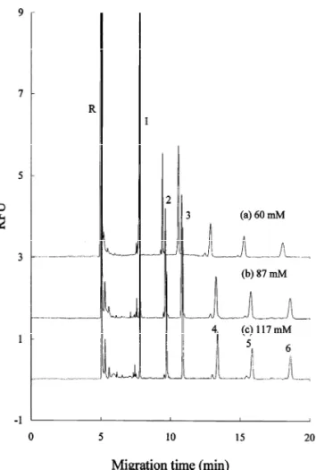 Fig. 4. Effect of citric acid–phosphate buffer concentration on the area ratio of APTS–chitin oligosaccharides based on CE separation of APTS-derivatized chitin oligosaccharides