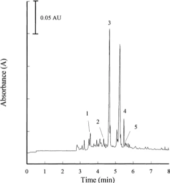 Fig. 5. Electropherogram of Puerariae radix. Conditions as in Fig. Fig. 6. Electropherogram of medicinal preparation of Puerariae