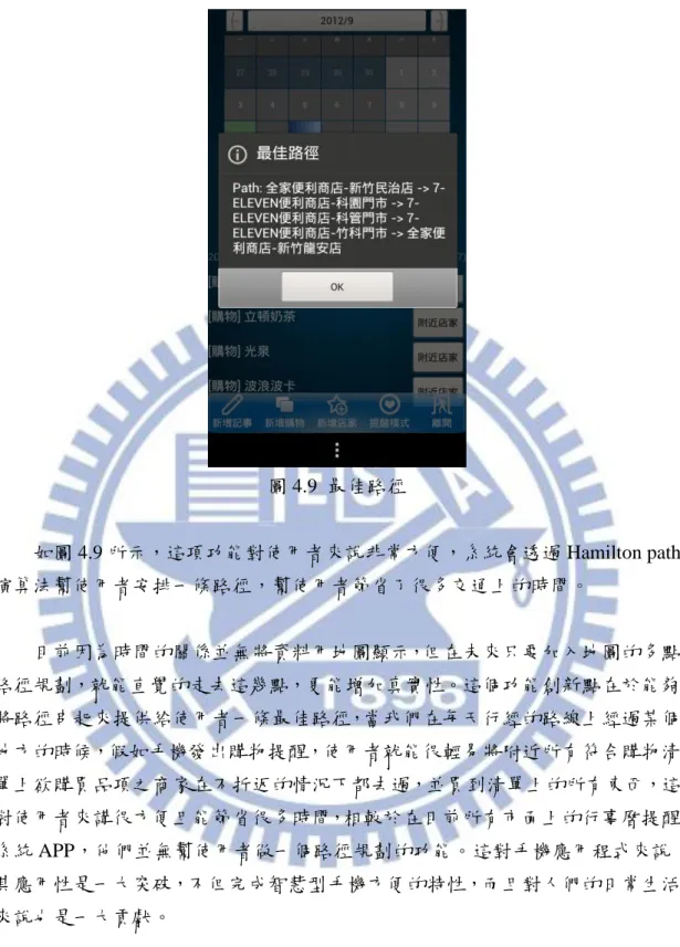 圖 4.9  最佳路徑  如圖 4.9 所示，這項功能對使用者來說非常方便，系統會透過 Hamilton path 演算法幫使用者安排一條路徑，幫使用者節省了很多交通上的時間。  目前因為時間的關係並無將資料用地圖顯示，但在未來只要加入地圖的多點 路徑規劃，就能直覺的走去這幾點，更能增加真實性。這個功能創新點在於能夠 將路徑串起來提供給使用者一條最佳路徑，當我們在每天行經的路線上經過某個 地方的時候，假如手機發出購物提醒，使用者就能很輕易將附近所有符合購物清 單上欲購買品項之商家在不折返的情況下都去過，並買