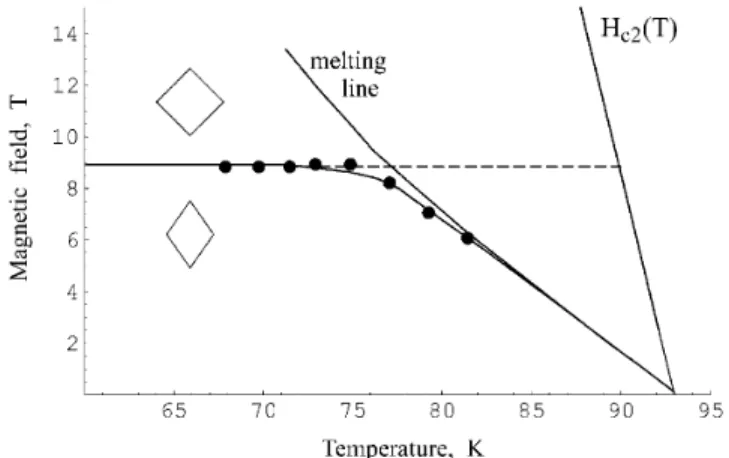FIG. 1. Phase diagram of untwinned YBCO after Ref. [6] with solid circles being positions of the additional peak in the critical current