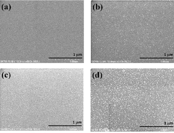 Figure 3. SEM images of: (a) as‐deposited CNO thin film and, annealed at (b) 300 °C, (c) 400 °C and 