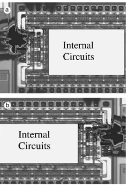 Fig. 7. (a) EMMI on wafer-level samples with NW resistor cut oﬀ and HVPMOSsÕ gates reconnected to Vdd