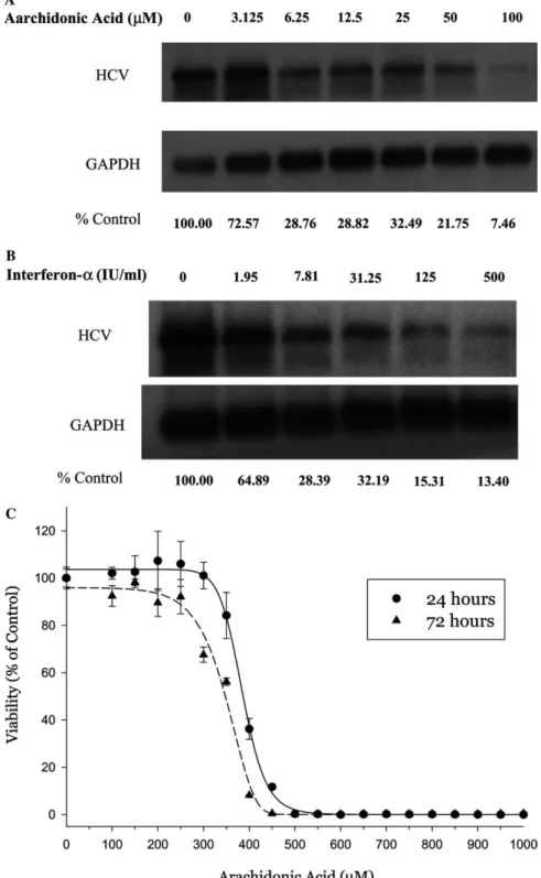 Fig. 2. Eﬀect of AA on inhibition of HCV RNA replication and cell viability. (A) Inhibition of HCV-RNA replication by AA in a dose-dependent manner