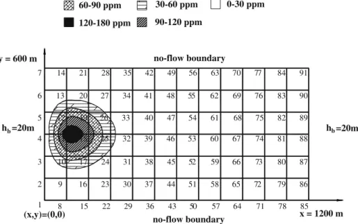 Fig. 3 Finite-element mesh, boundary conditions, and initial plume