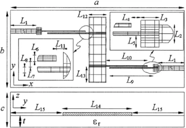 Fig. 8. Shielded microstrip wide-band filter and its associated mesh. L = 8; L = 0:56; L = 0:576; L = 0:69; L = 0:3605;L = 0:125; L = 0:125; L = 0:125; L = 5:19; L = 4:88; L = 0:38; L = 2:06; L = 1:9; L = 7:75; L = 11:3; t = 0:635; c = 16; " = 10:8