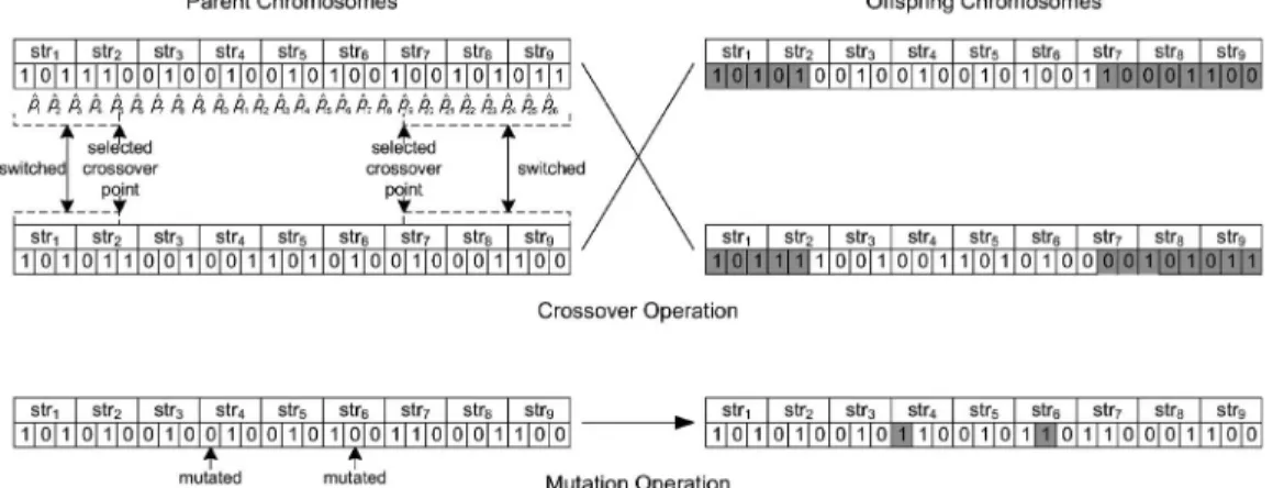 Fig. 6. Type-II crossover operation on a pair of parent chromosomes and type-II mutation operation on a given chromosome (with the shaded parts being the modified genes).