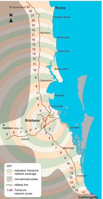 Figure 2 TransLink South East Queensland service areas and zones (Source: TransLink) 