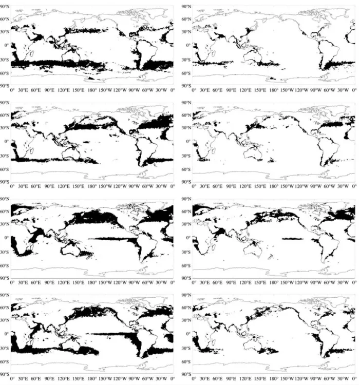 Figure 2. Maps illustrating surfactant coverage of the global oceans for January, April, July, and October