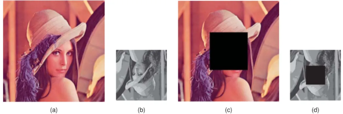 Fig. 8 Experiment to compare our method with that of Tsai and Chien 17 : (a) their 30.8-dB watermarked