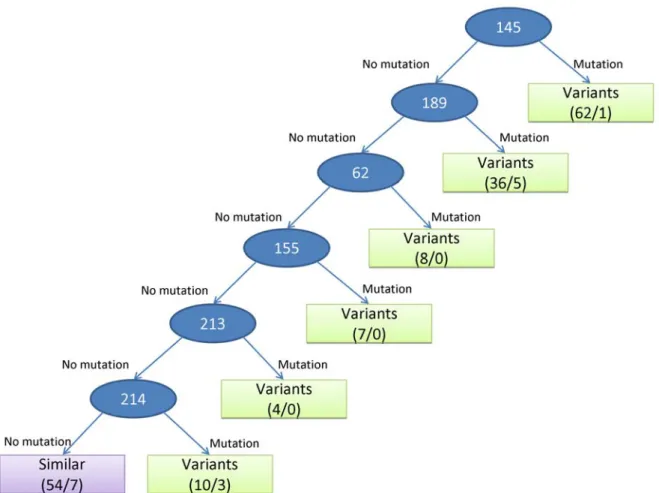 Figure 2.4 The decision tree and rules for predicting antigenic variants. Each internal node 