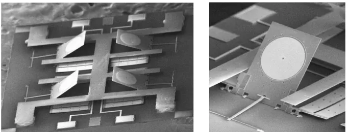 Fig. 5 SEM pictures of fabricated back-to-back micromirror devices with mechanical stopper 