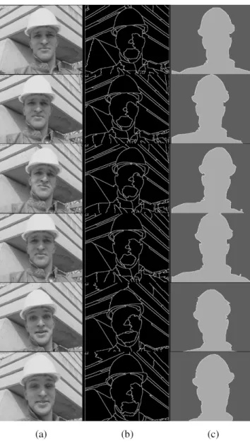 Fig. 9. “Coastguard” sequence: frame 1, 10, 20, 30, 40, 50. (a) Original Images. (b) After temporal tracking